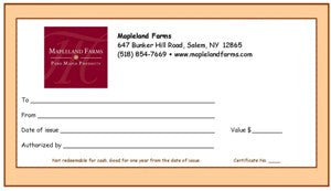 Mapleland Farms Gift Certificate front view