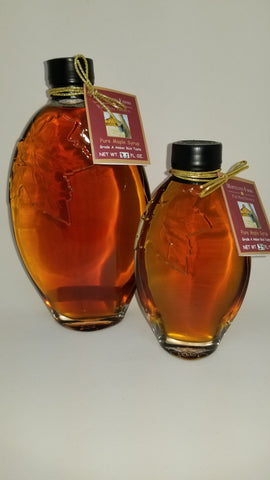 Mapleland Farms Maple Syrup in Leaf Embossed Bottle Large and Small View